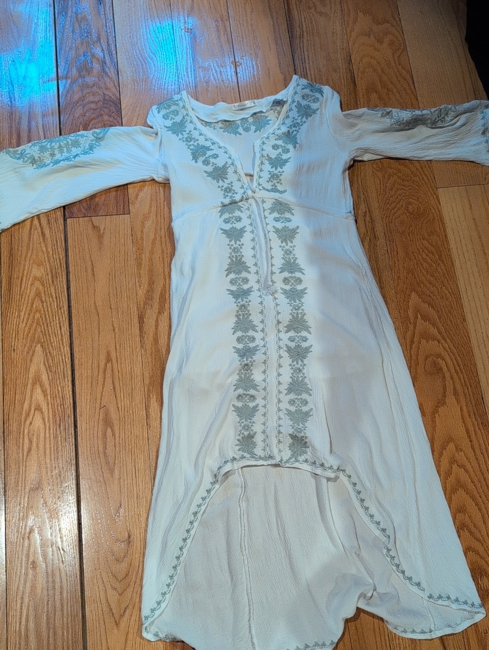 White Boho Embroidered Maxi Dress with Gray Accents